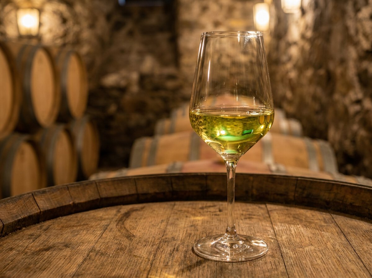 Sauvignon Blanc Südtirol im Weinglas, goldgelber Weißwein auf Holzfass im Tiroler Weinkeller