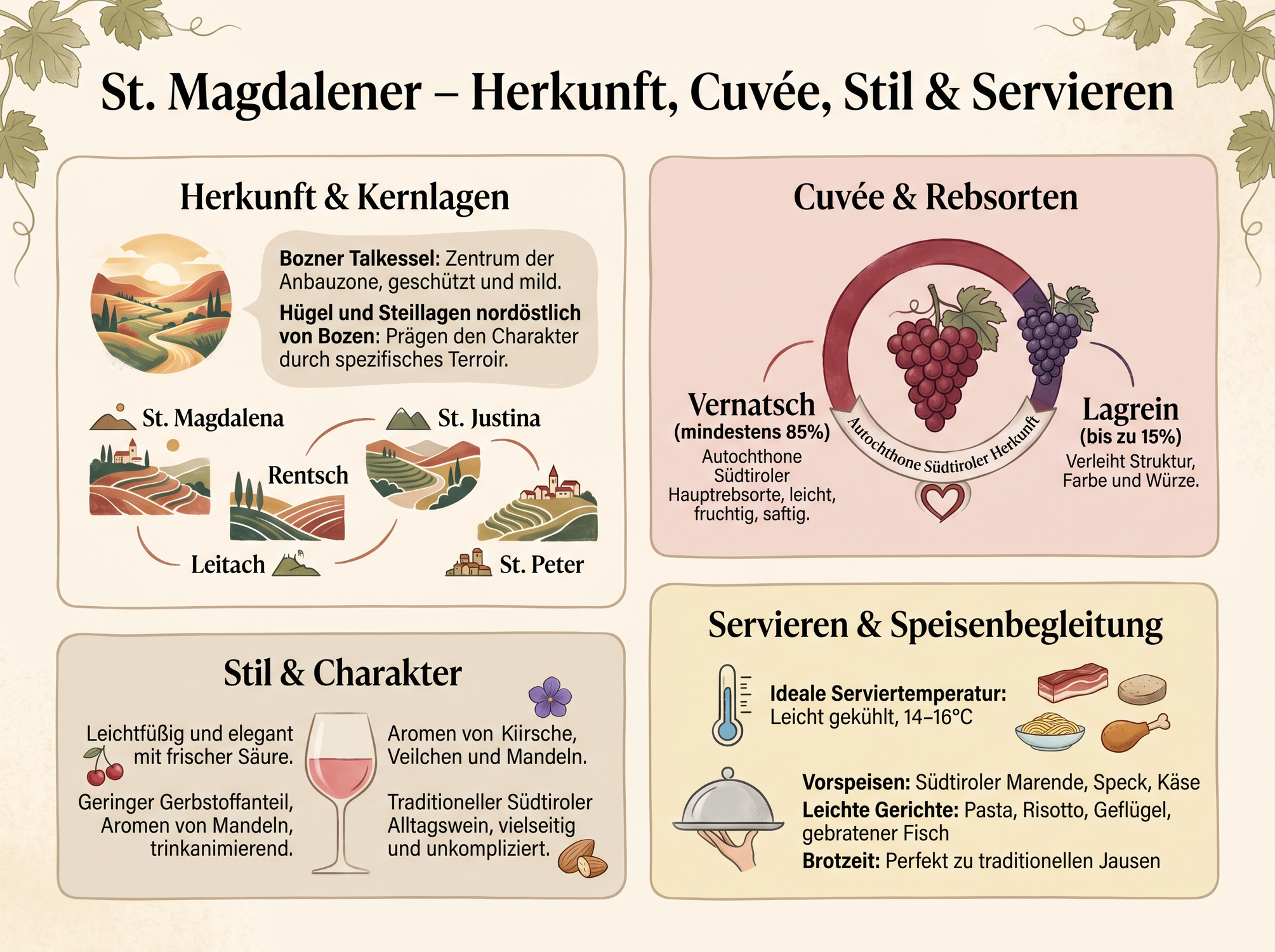 Infografik zu St. Magdalener mit Herkunft, Cuvée aus Vernatsch und Lagrein, Qualitätsstufen, Serviertemperatur und Trinkkorridor
