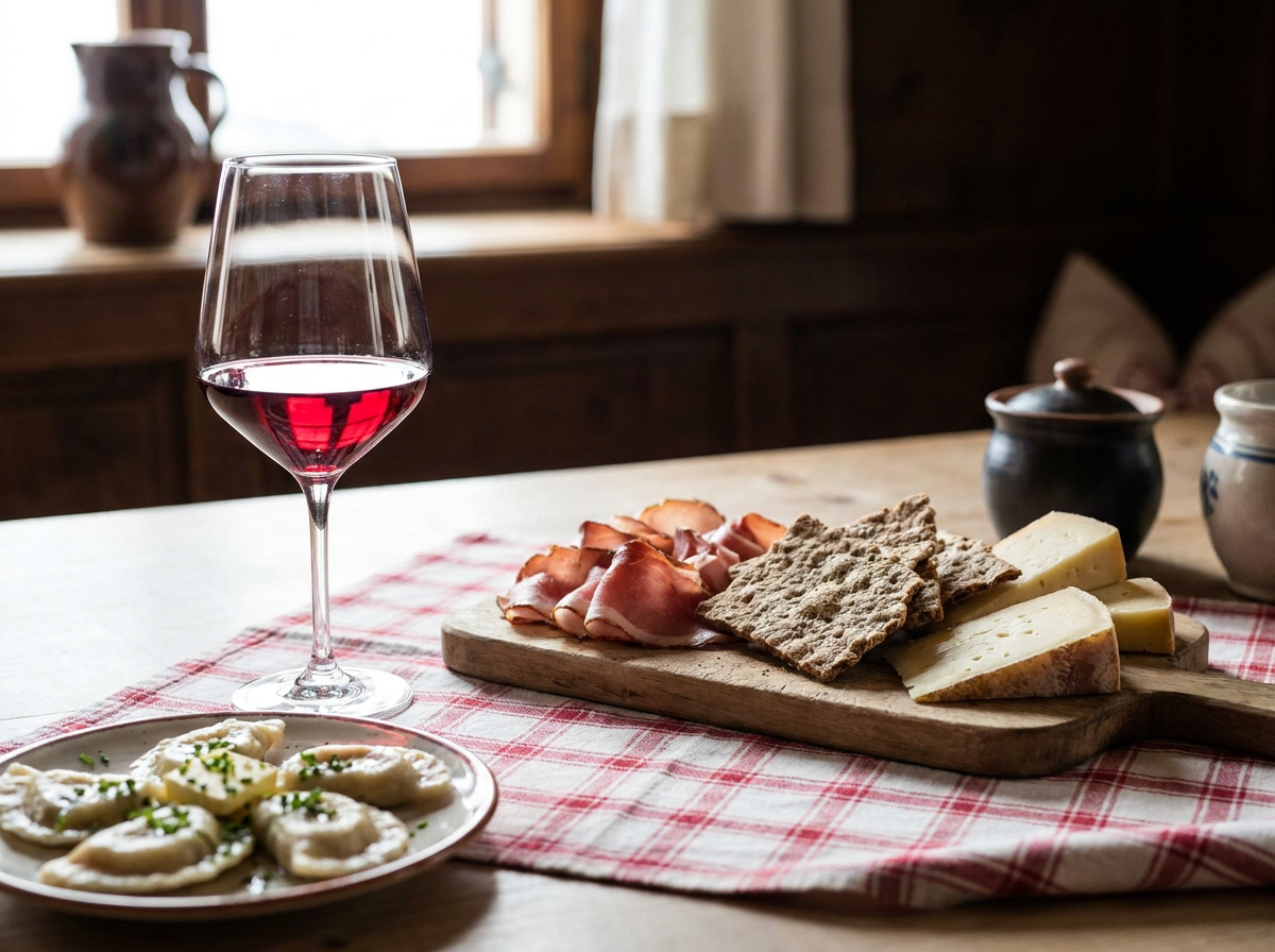 St. Magdalener Rotwein mit Südtiroler Speck, Schlutzkrapfen und Käse, traditionelle Jause
