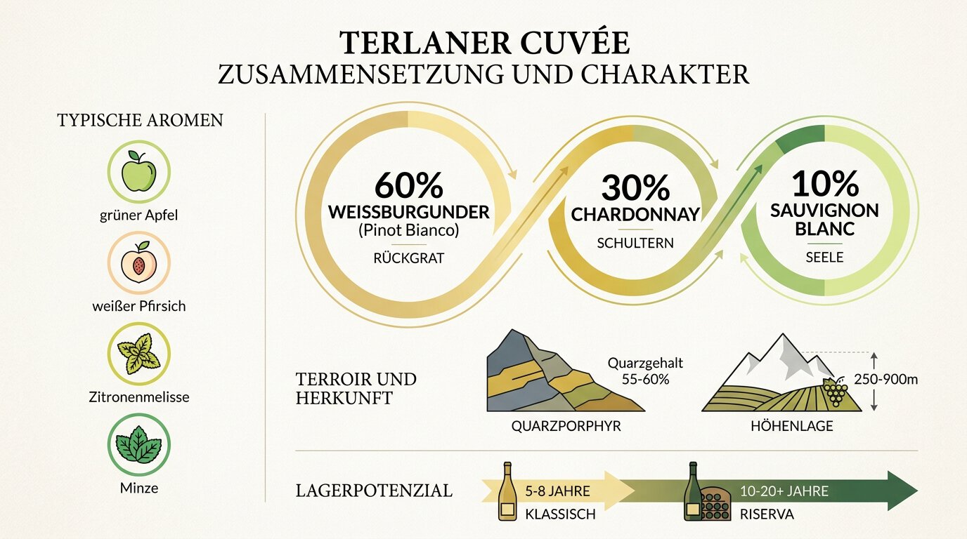 Terlaner Wein Cuvée Infografik: Pinot Bianco 60%, Chardonnay 30%, Sauvignon Blanc 10%