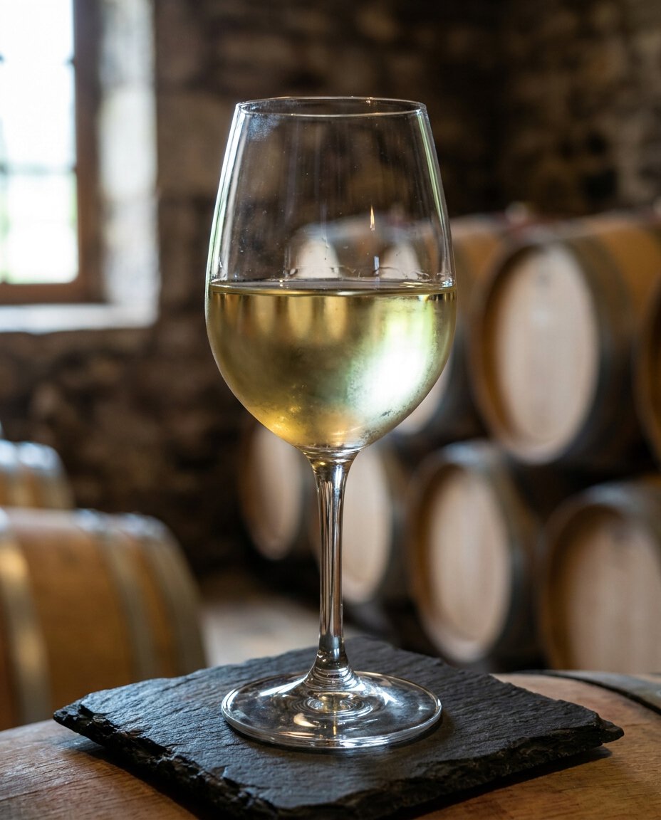 Terlaner Weißwein im Glas, klassische Cuvée aus Pinot Bianco Chardonnay Sauvignon