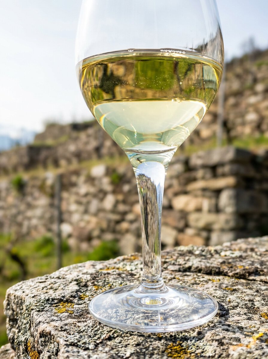 Vinschgau Riesling Weinglas auf Granitstein, alpine Mineralität, kristallklarer Weißwein Val Venosta Terroir