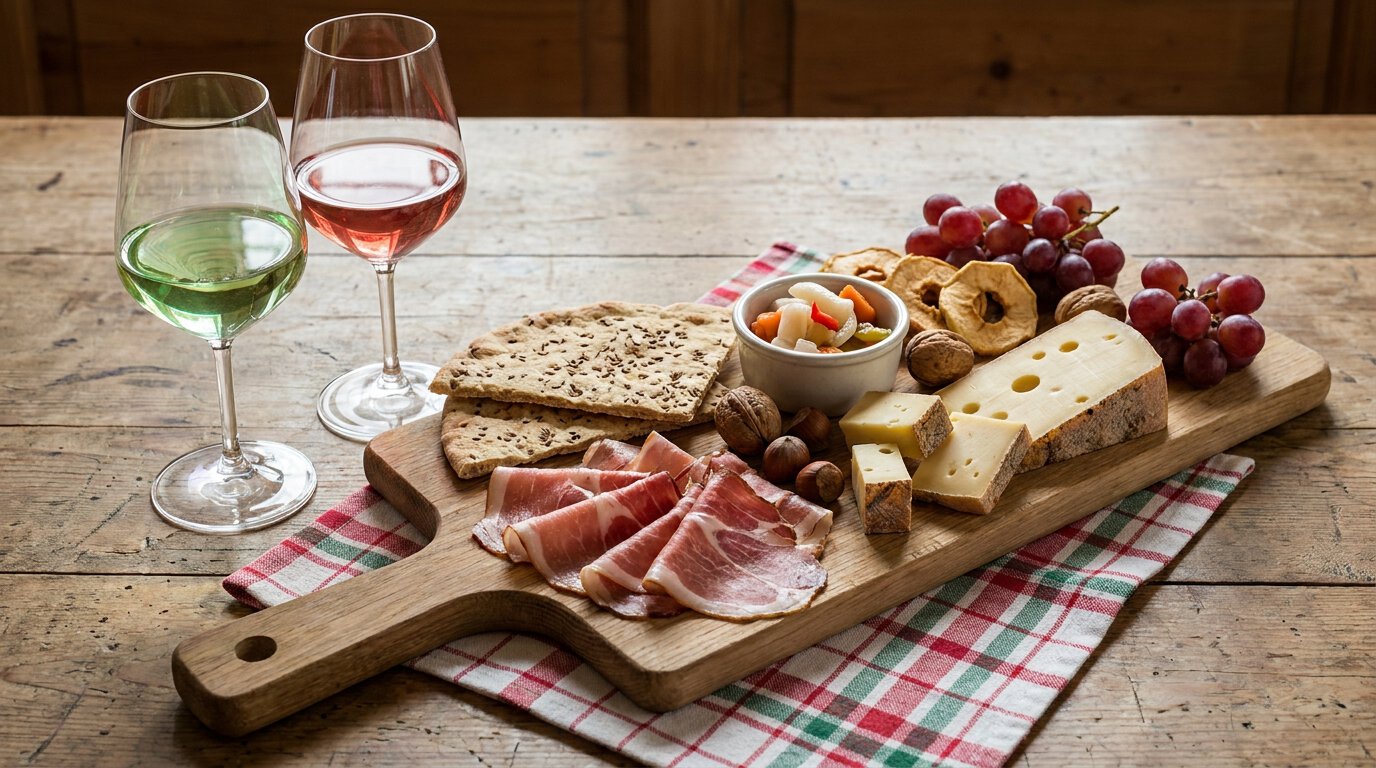Vinschgau Wein Marende Pairing, Riesling und Blauburgunder mit Südtiroler Speck, Bergkäse, Schüttelbrot traditionell