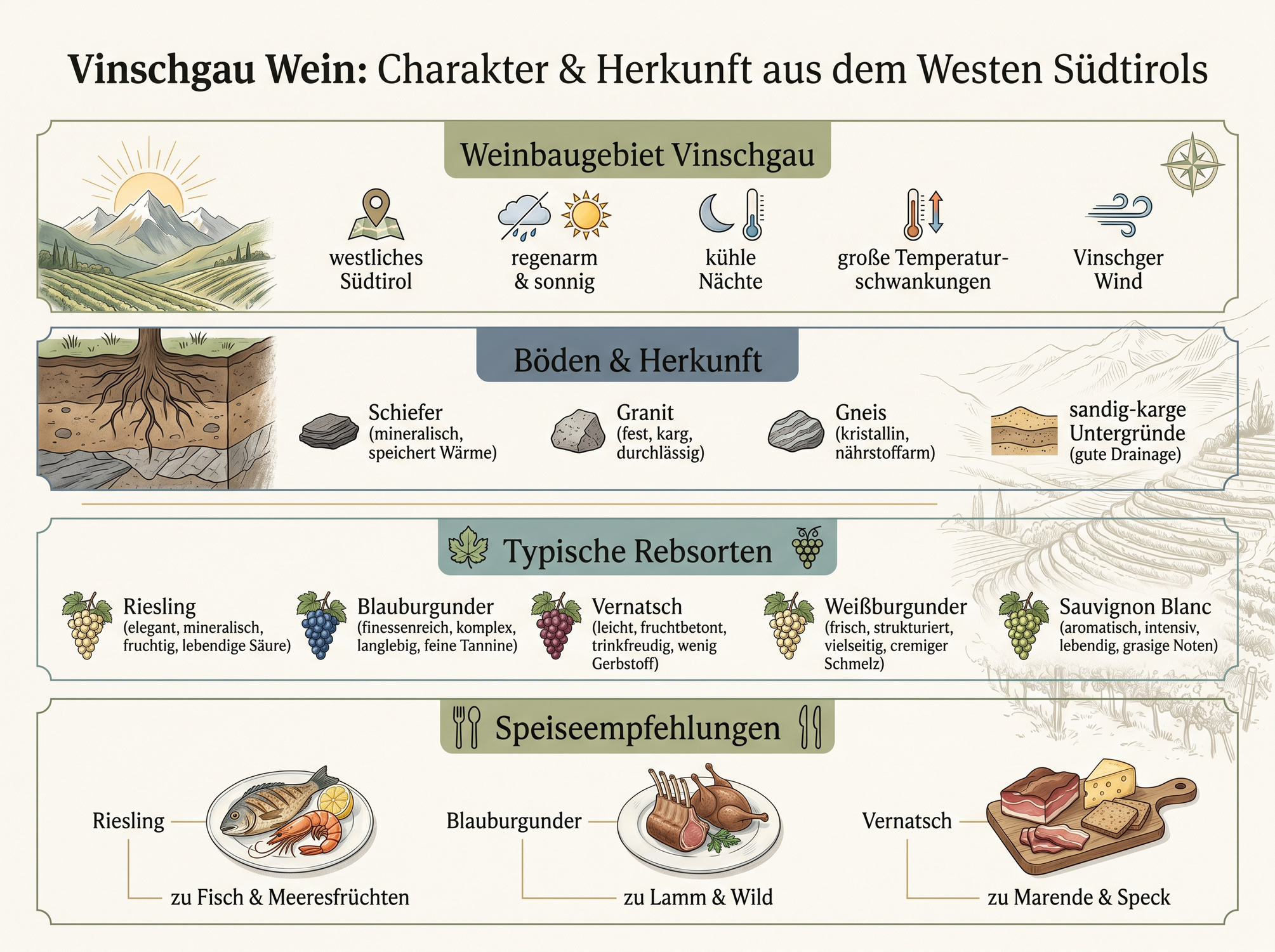 Infografik zu Vinschgau Wein mit Terroir, Rebsorten und Speiseempfehlungen aus Südtirol