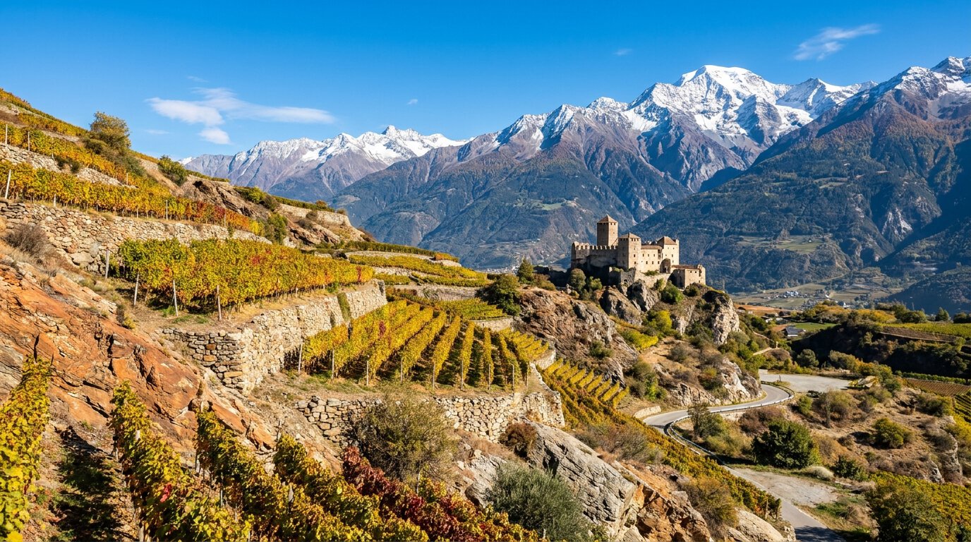Vinschgau Wein Weinberge Val Venosta, steile Terrassen, Schiefer, Granitböden, Ortler Alpen, Kastelbell Südtirol