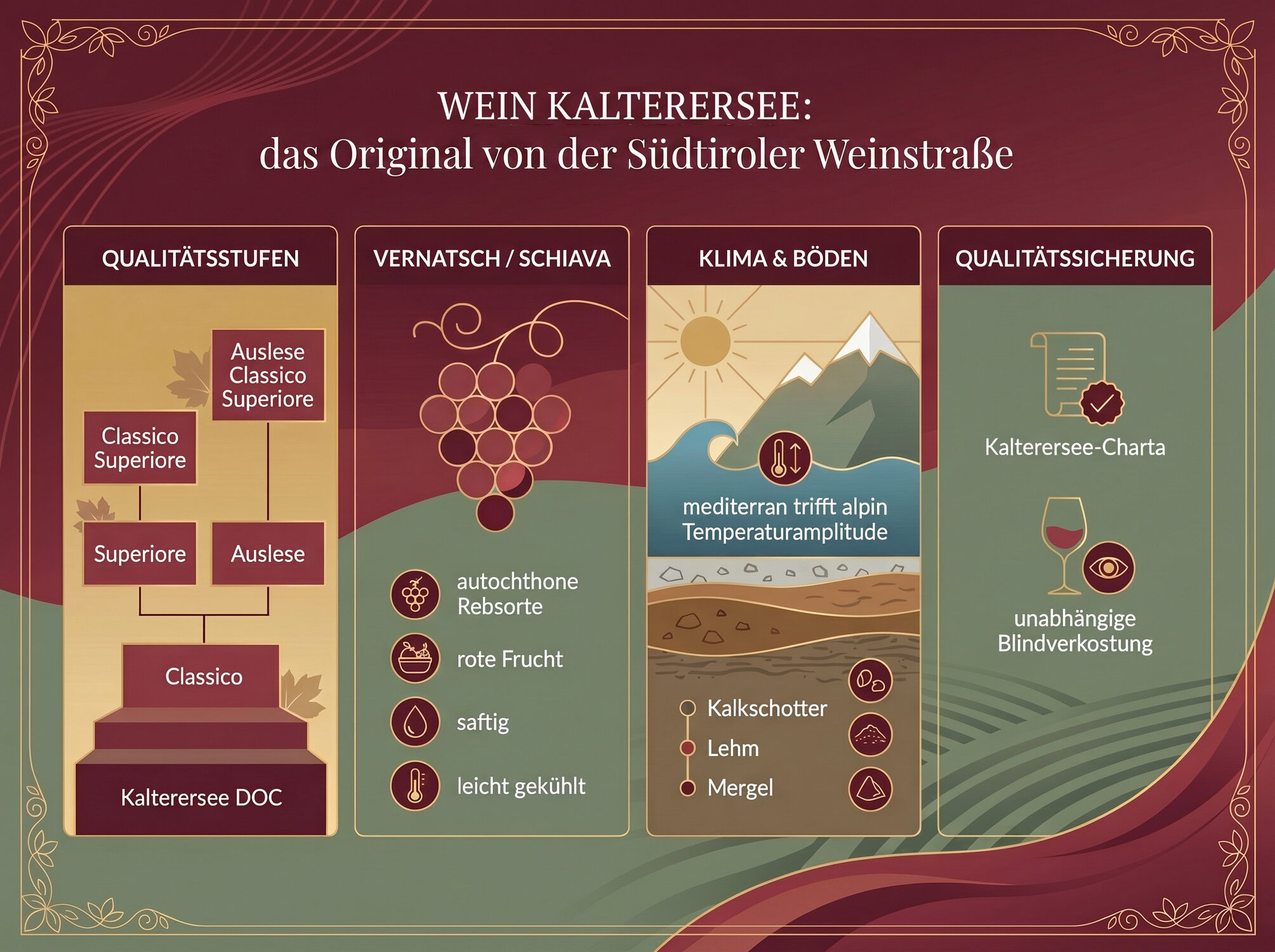Infografik zu Wein Kalterersee mit DOC-Qualitätsstufen, Vernatsch Schiava sowie Klima und Böden