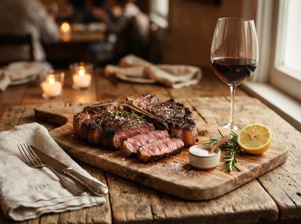 Chianti Wein zu Bistecca alla Fiorentina, rubinroter Chianti im Glas und gegrilltes T-Bone-Steak auf rustikalem Holzbrett