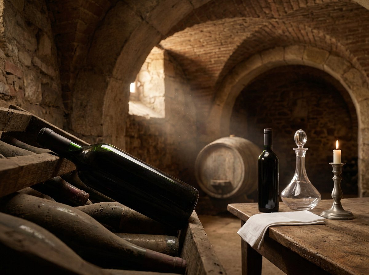 Chianti Classico Gran Selezione Lagerung im traditionellen Steinkeller, Flasche im Holzregal und Dekanter auf Verkostungstisch