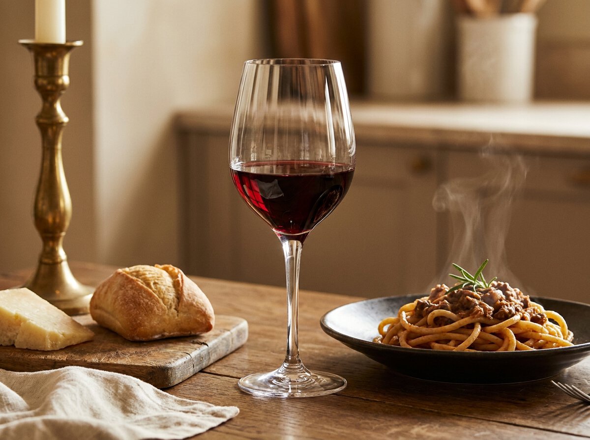 Chianti Classico Weinbegleitung zu toskanischer Pasta mit Wildschwein-Ragù, Sangiovese-Glas und Pecorino