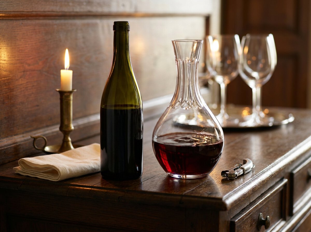 Chianti Wein Toskana servieren und dekantieren, Flasche und gläserne Karaffe mit rubinrotem Chianti auf dunklem Holz, Kerzenlicht