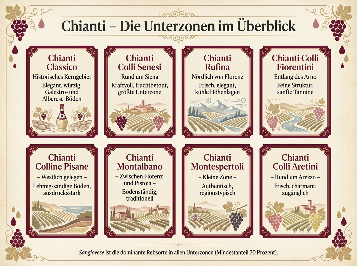 Chianti Unterzonen mit Chianti Classico, Colli Senesi, Rufina, Colli Fiorentini, Colline Pisane, Montalbano, Montespertoli und Colli Aretini, Terroir und Stilprofile, Infografik Point4Wine