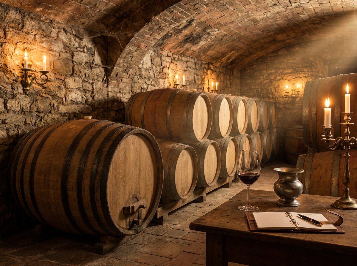 Supertoskaner Barrique-Ausbau im Steinkeller, Eichenfässer und Verkostungstisch mit Supertuscan-Rotwein