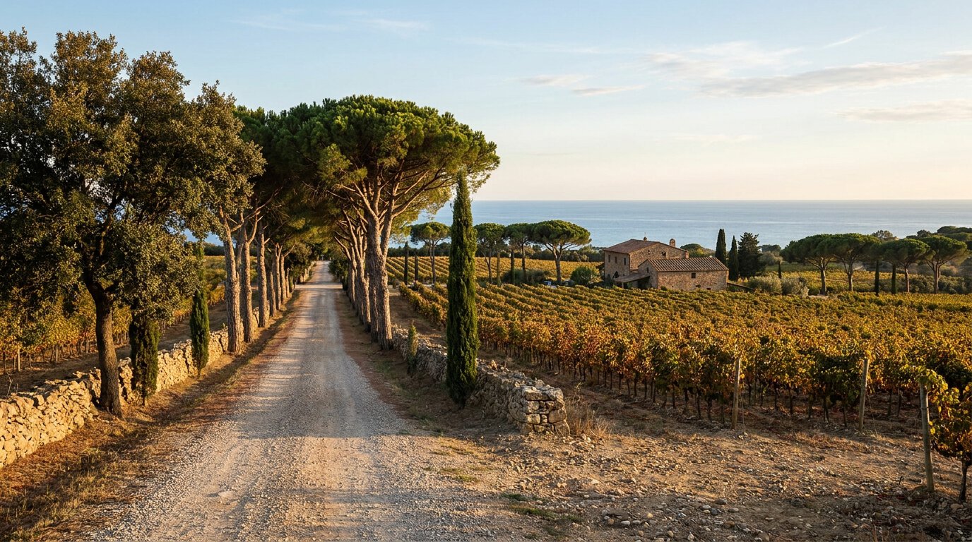 Supertuscan-Weinberglandschaft an der Tyrrhenischen Küste der Toskana