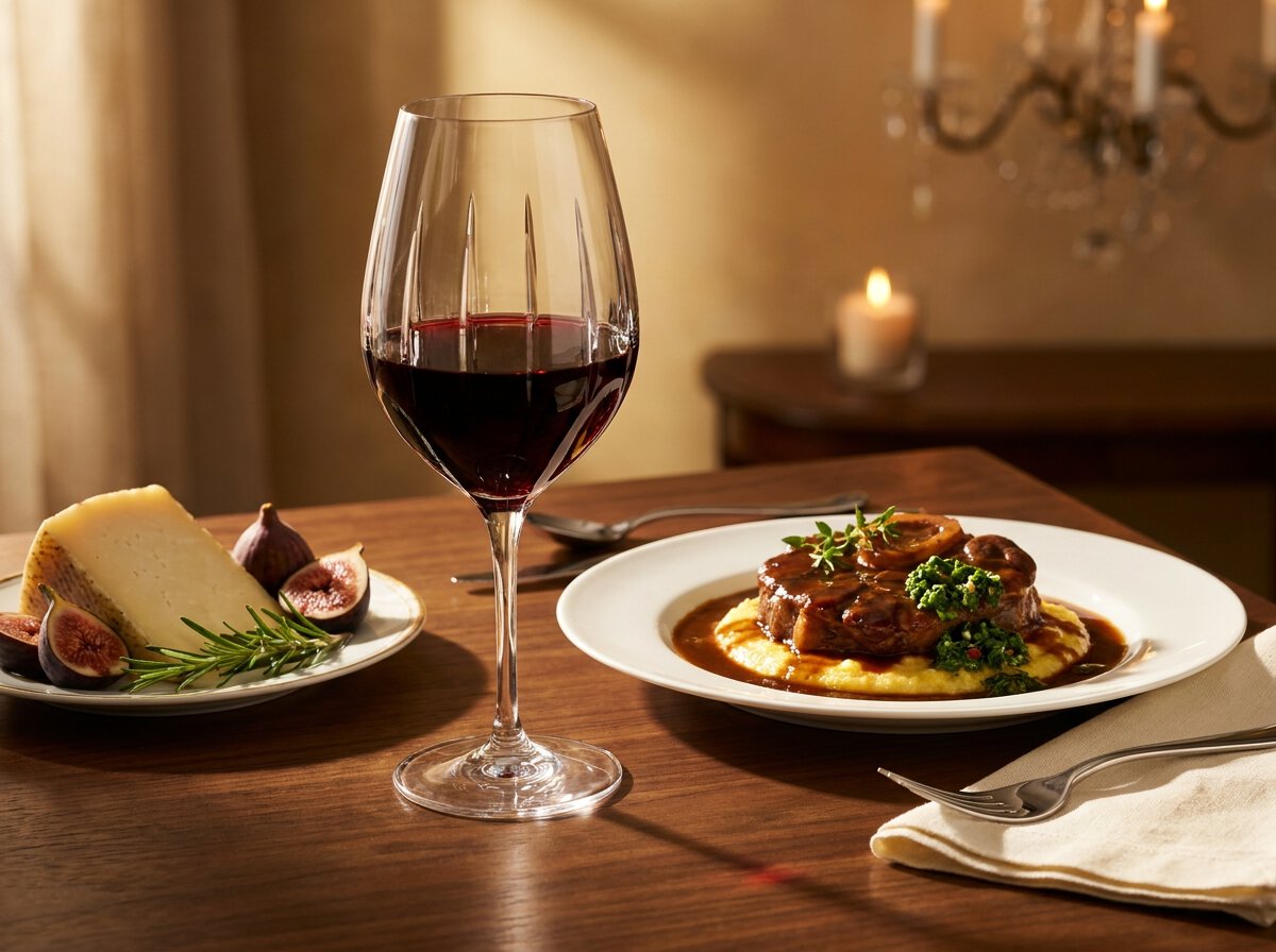 Supertoskaner Food Pairing mit geschmorter Kalbsbacke auf cremiger Polenta, dunkler Cabernet-Blend-Rotwein im Glas
