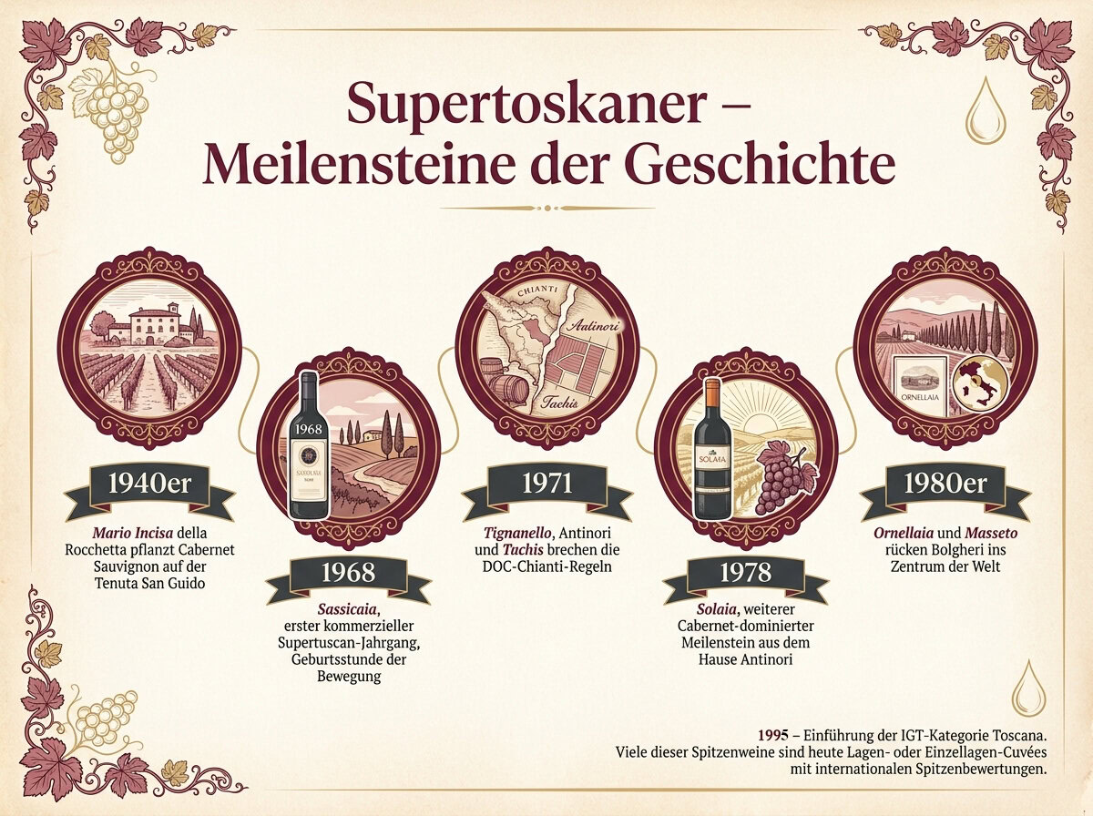 Supertoskaner Geschichte mit Meilensteinen Sassicaia 1968, Tignanello 1971, Solaia 1978, Ornellaia und Masseto in den 1980ern sowie Einführung der IGT Toscana 1995, Infografik Point4Wine