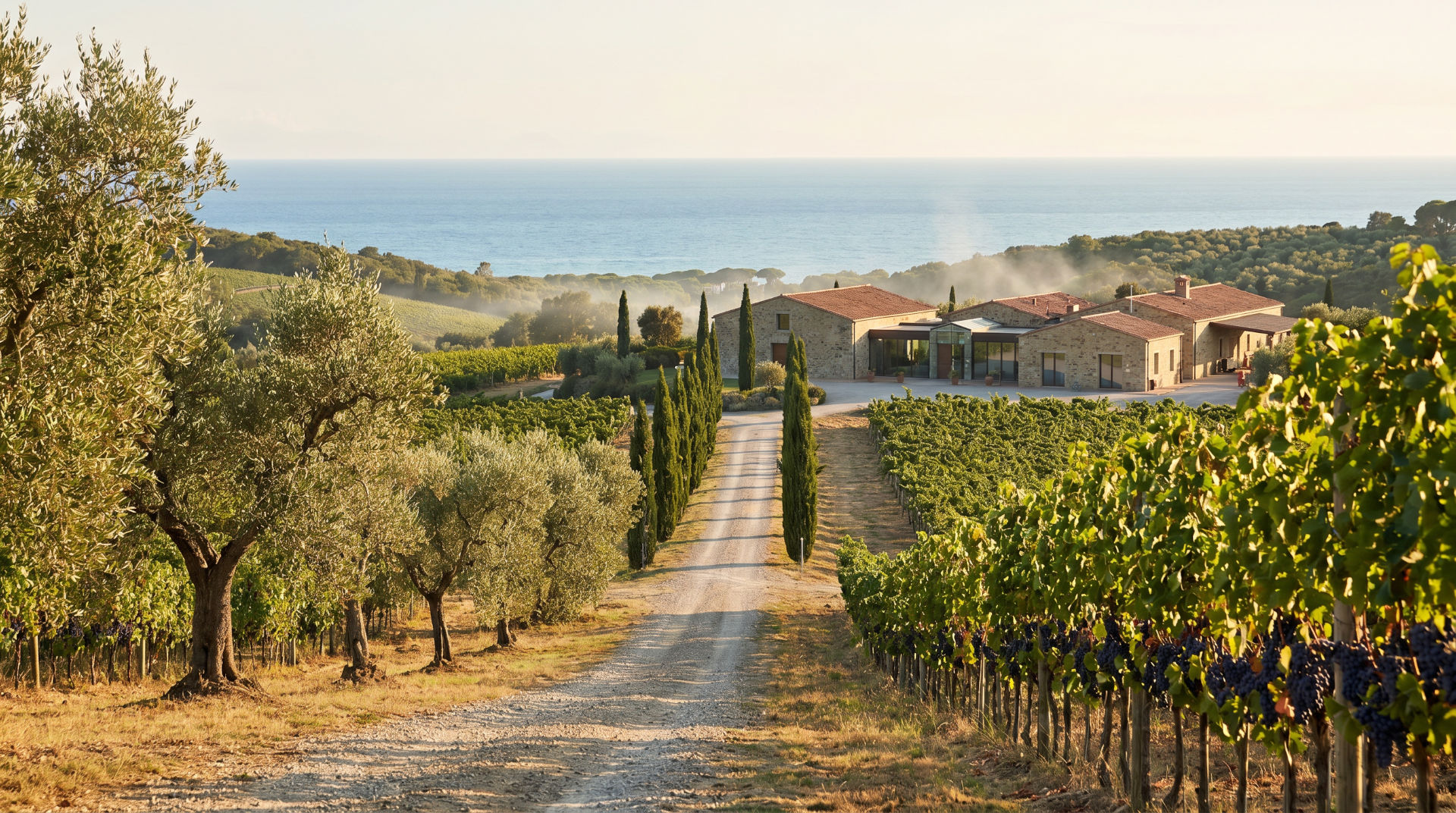 Wein Toskana Bolgheri und Maremma mit Küstenweinbergen, mediterranem Licht und Reben
