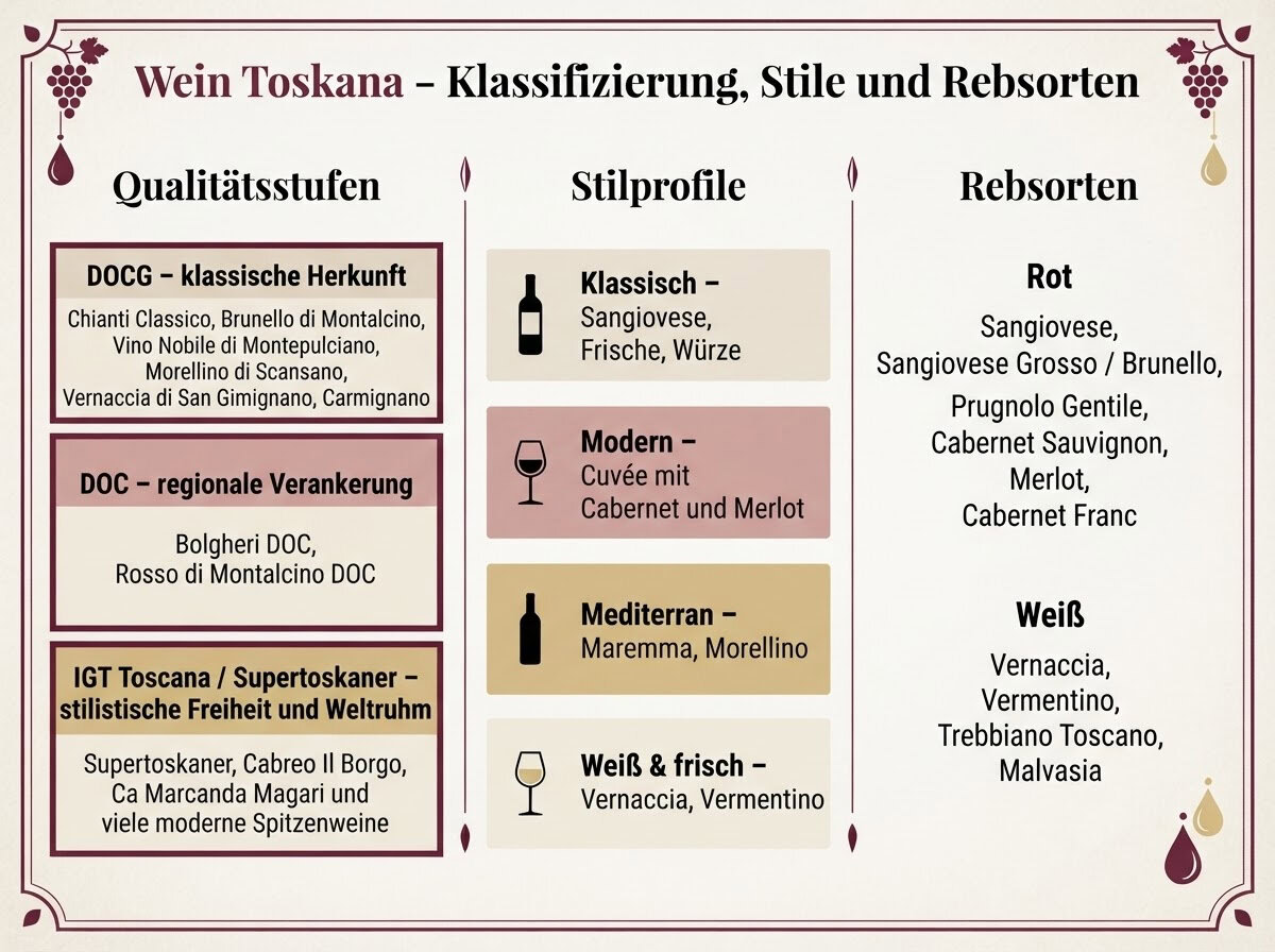 Wein Toskana mit Qualitätsstufen DOCG, DOC und IGT Toscana, Stilprofilen sowie roten und weißen Rebsorten, Infografik Point4Wine Onlineshop