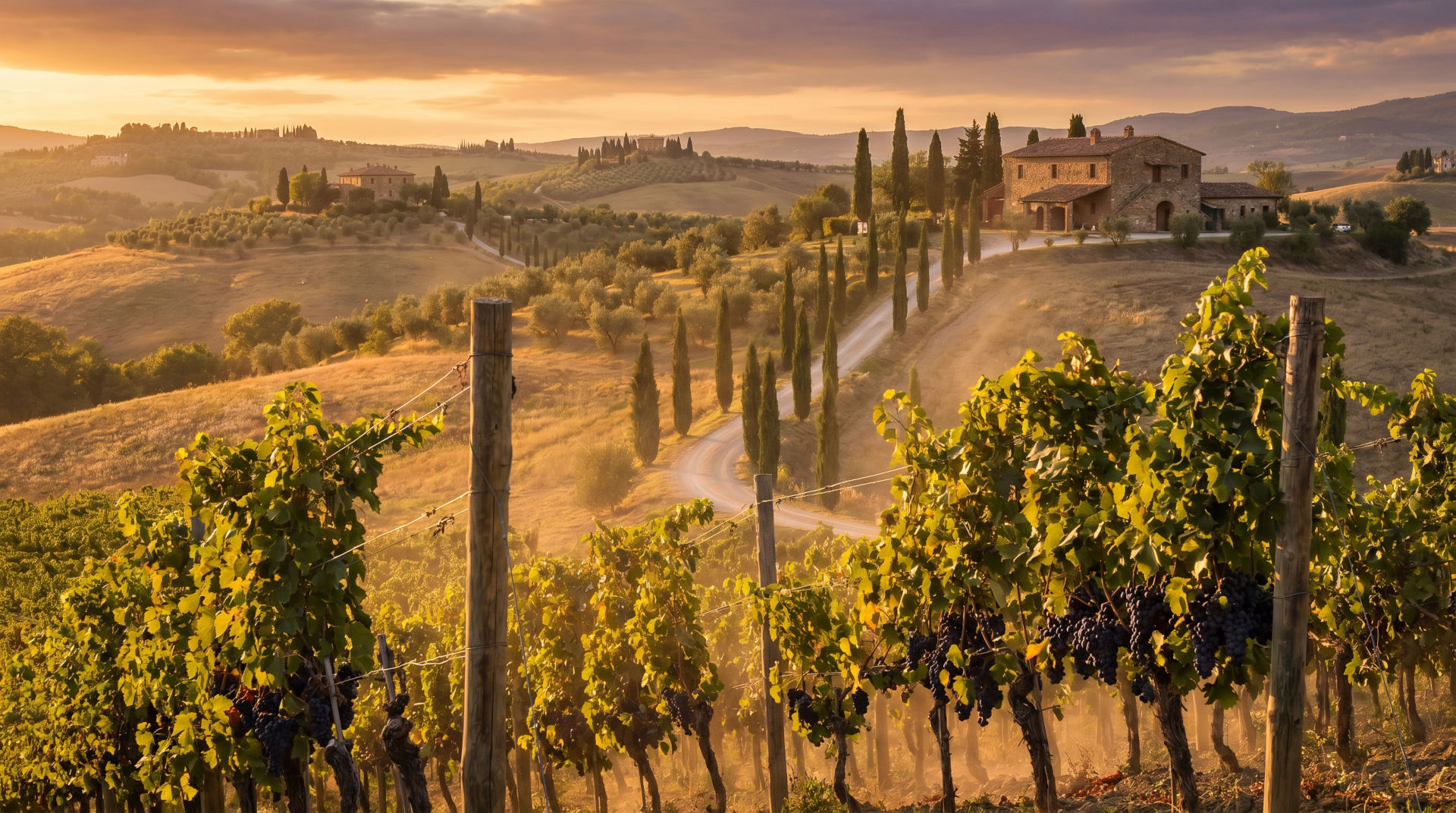 Wein Toskana mit Sangiovese-Weinbergen, Zypressenallee und Weingut in den Hügeln