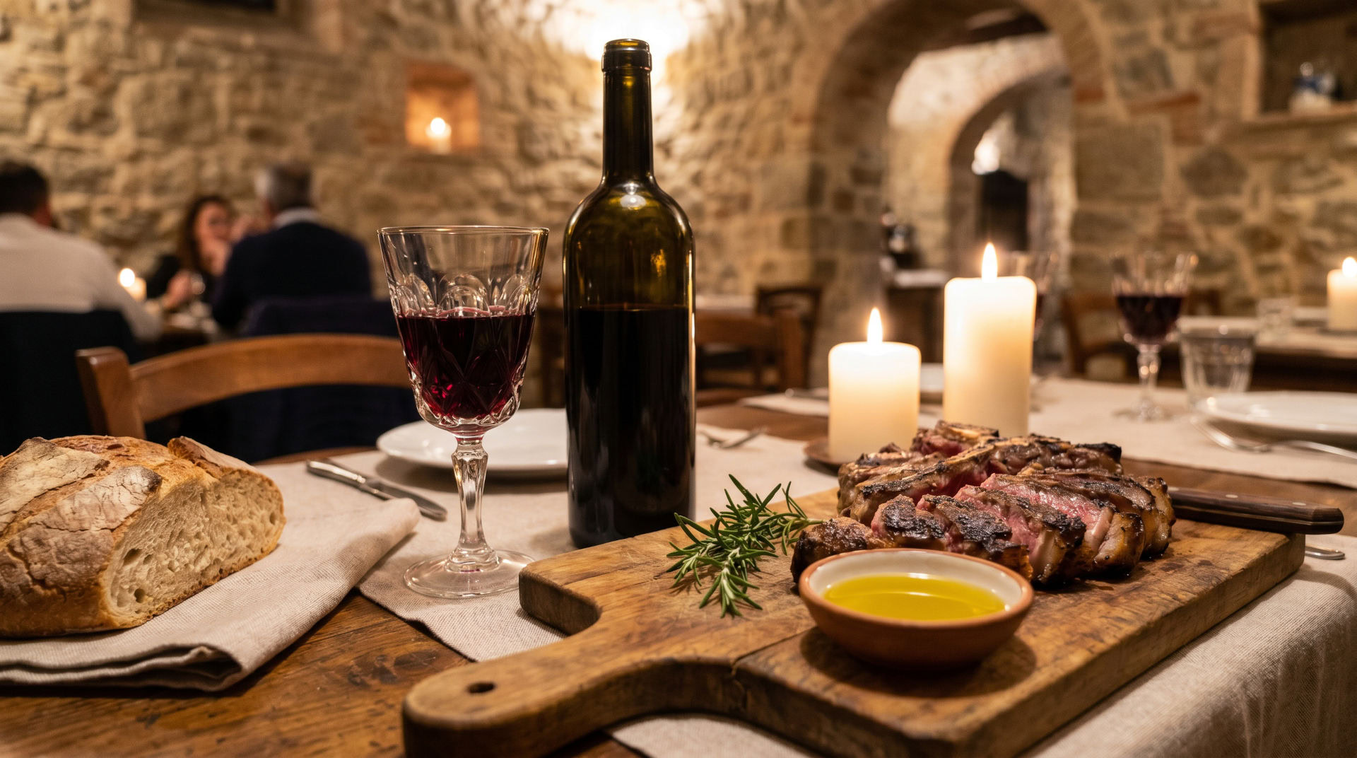 Wein Toskana Food Pairing, Speisebegleitung - toskanischer Rotwein mit Bistecca alla Fiorentina und toskanischer Genusskulisse