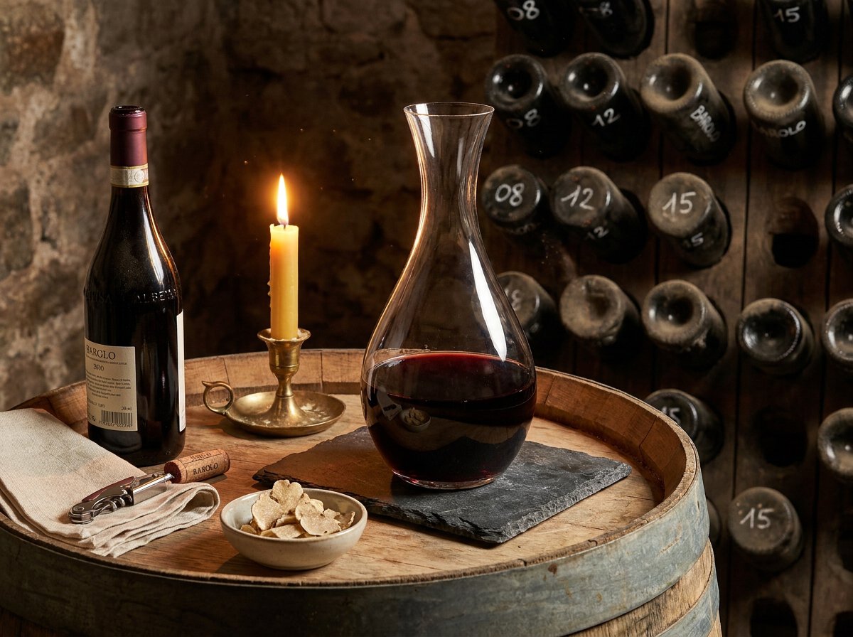 Barolo DOCG Sommelier-Ritual, gläserne Karaffe mit granatrotem Nebbiolo auf Schieferplatte, Kerzenlicht, Flasche Barolo, Korkenzieher und frisch gehobelter weißer Alba-Trüffel im piemontesischen Weinkeller