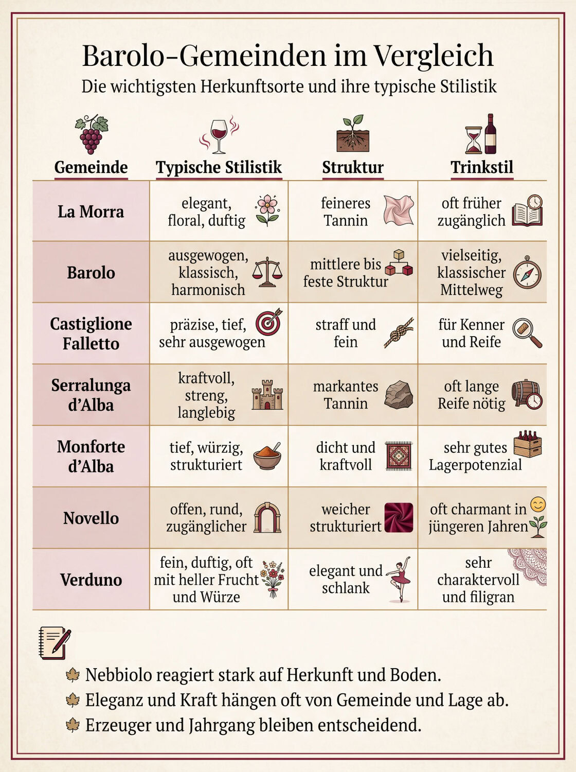 Barolo-Gemeinden mit Vergleich von Stilistik, Struktur und Trinkstil von La Morra, Barolo, Castiglione Falletto, Serralunga d’Alba, Monforte d’Alba, Novello und Verduno, Infografik Point4Wine