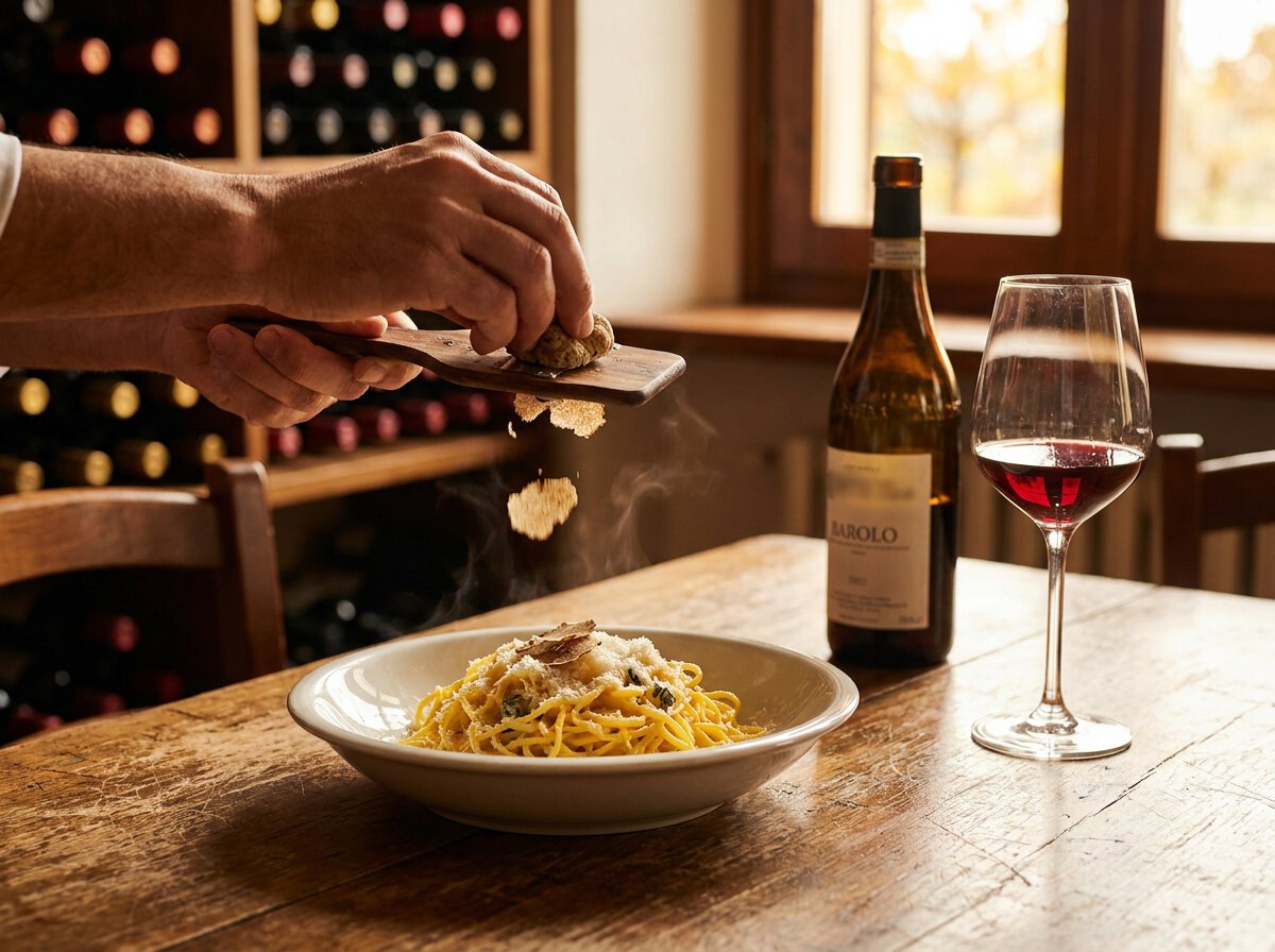 Barolo Foodpairing mit weißem Alba-Trüffel (Tuber magnatum Pico) über frischen Tajarin mit Butter und Salbei, Glas junger Barolo DOCG auf rustikalem Holztisch