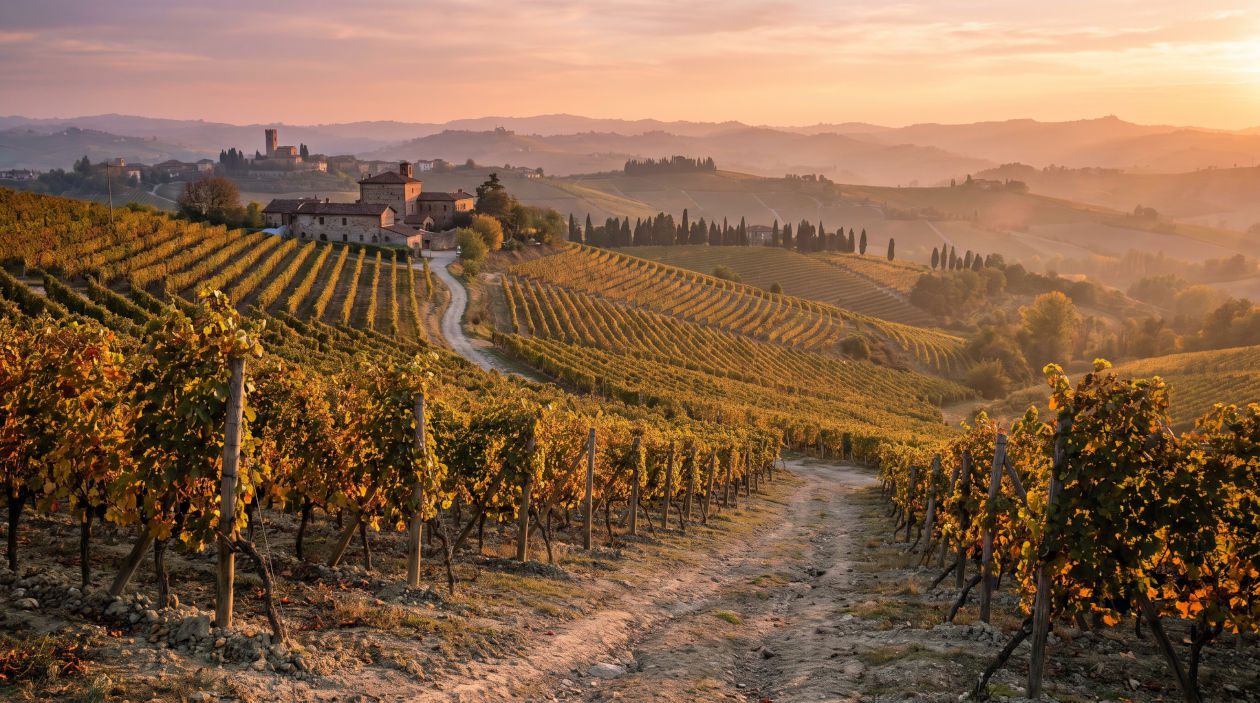 Barolo Wein, Nebbiolo-Weinberge Langhe und hügelige Landschaft
